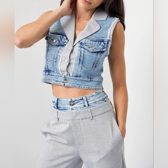 #512 SALE🛑125 S,L HIGH END Mixed Fabric Denim Vest and Cargo Pants Set - Picture 4 of 16